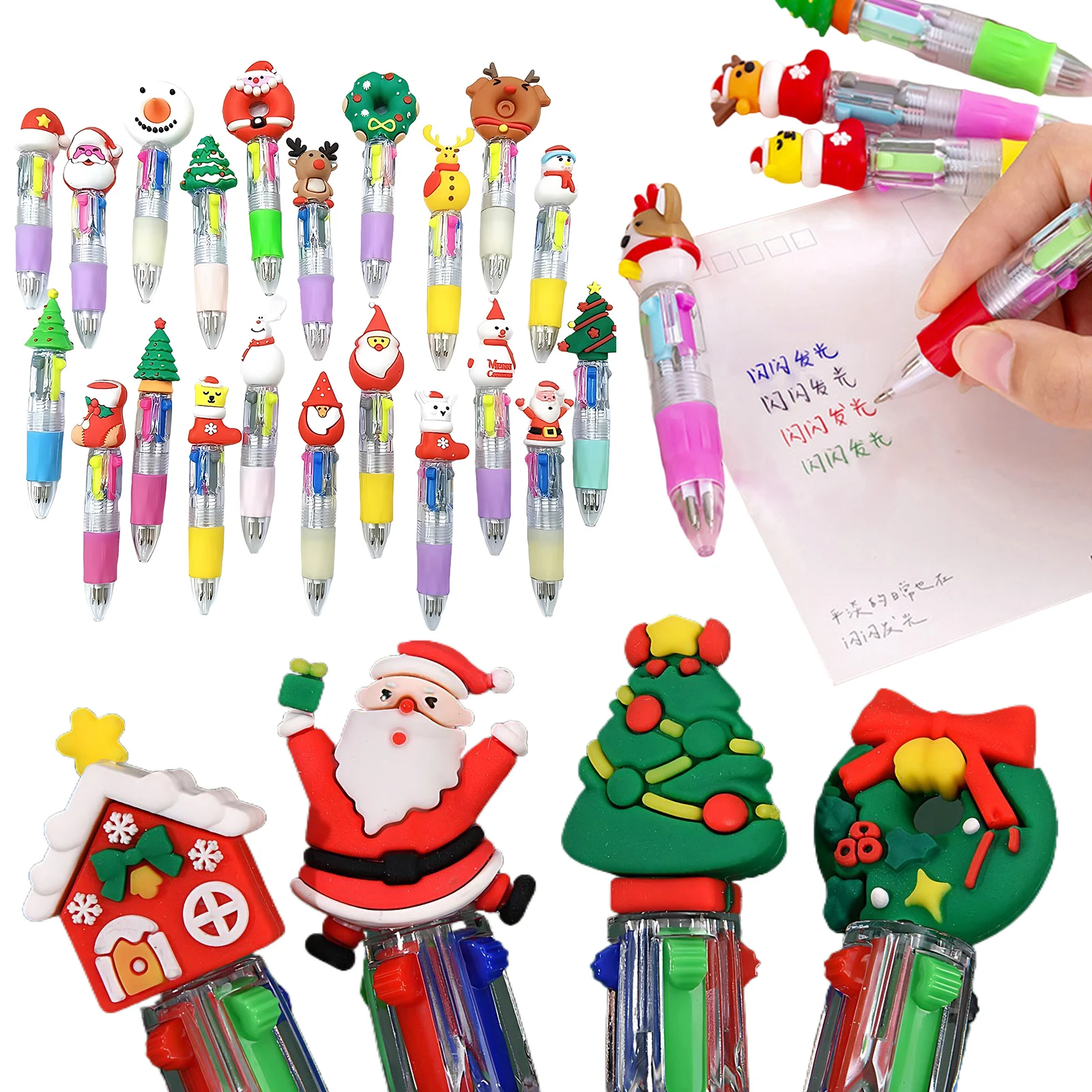 21 Uds. Mini bolígrafos multicolores en uno, bolígrafos divertidos y bonitos de dibujos animados para fiestas navideñas, útiles escolares, recompensas para estudiantes
