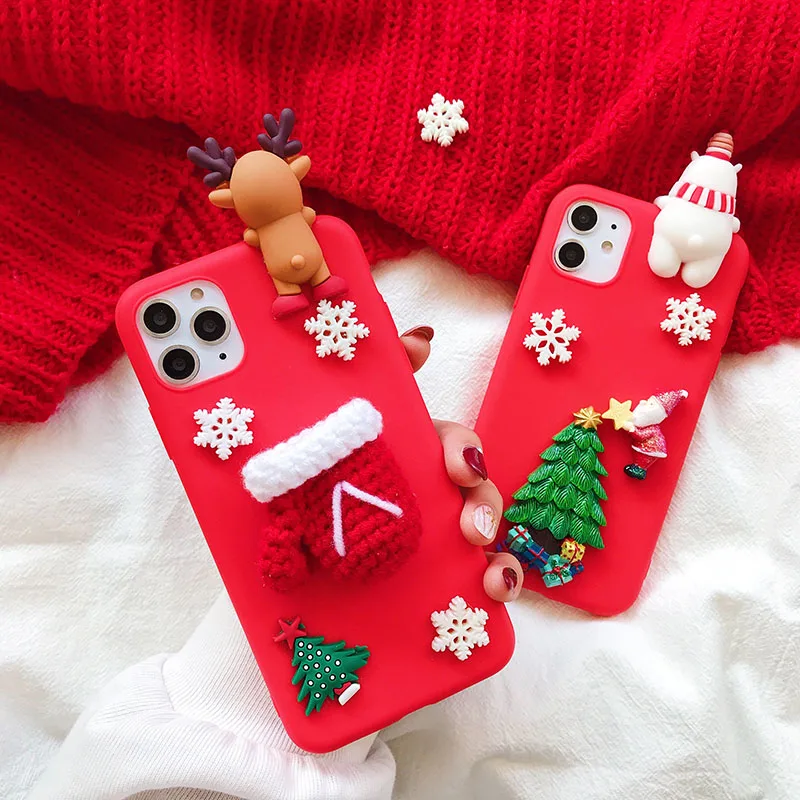Guantes de tela 3D, sombrero, funda navideña de Papá Noel para iPhone 7, 8, 6, 6S Plus XS Max XR X SE 2020, muñeco de nieve, árbol, regalo, funda de teléfono con oso - imagen 3