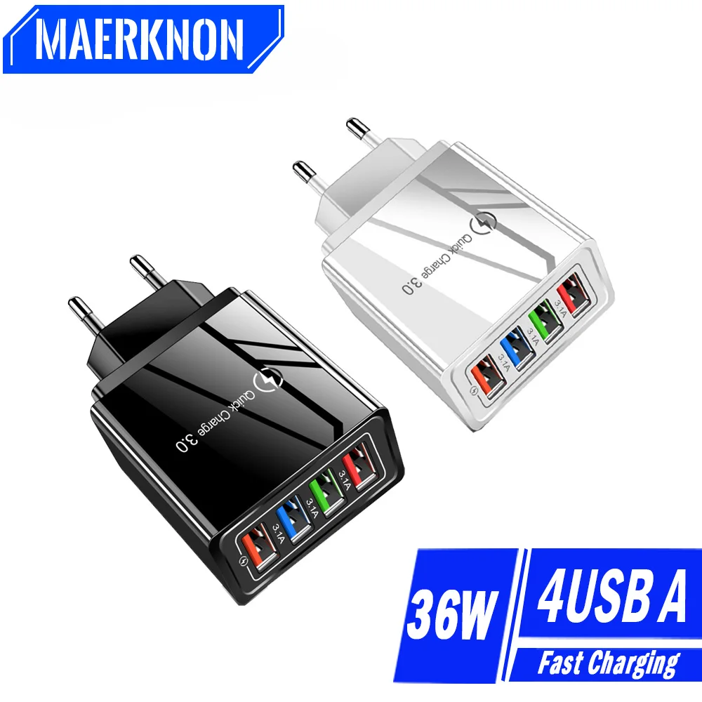 Cargador USB 3.1A, adaptador de cargador de teléfono móvil 3,0 de carga rápida de 4 puertos para UE/EE. UU., iPhone, Samsung, Xiaomi, cargador móvil de pared