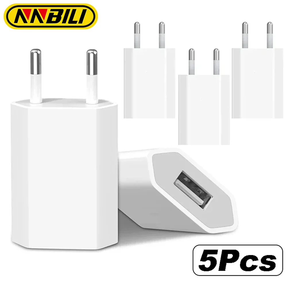 NNBILI-cargador Universal de pared para teléfono, adaptador de corriente de 5V, 1A, enchufe europeo, USB, para iPhone, Samsung, Xiaomi, Redmi, Google, Huawei, 1a 5 unidades