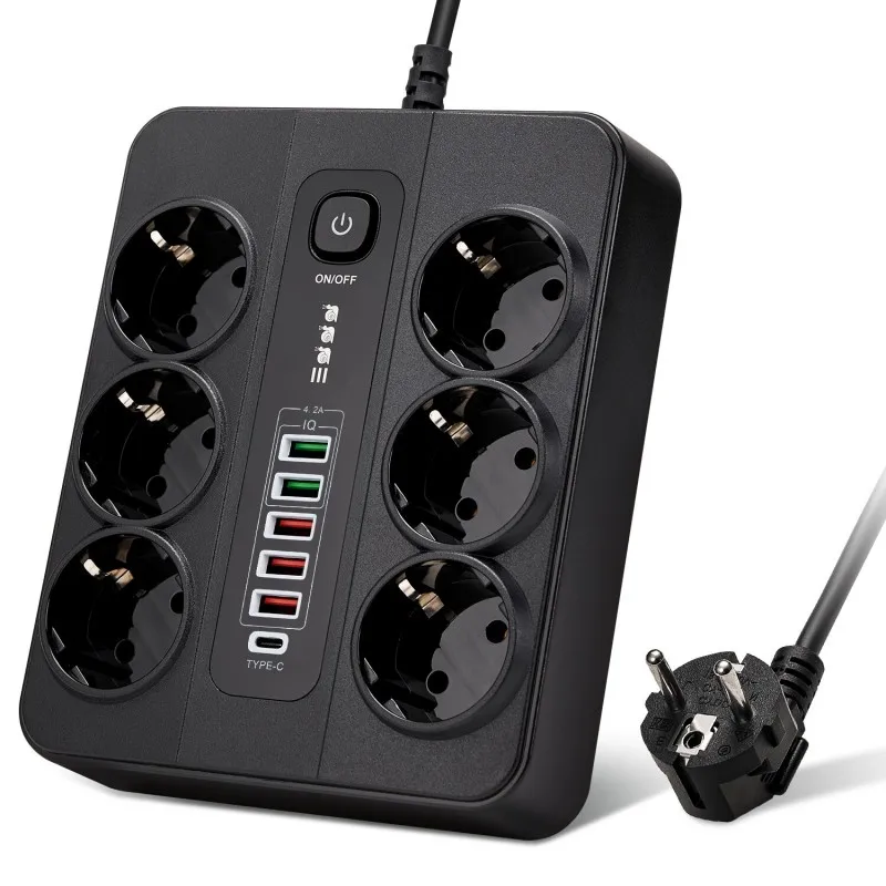 Toma de extensión con interruptor de seguridad, regleta para oficina, hogar, enchufe europeo, Cable de 3000W, 2M, protección contra sobrecarga, puertos USB tipo C