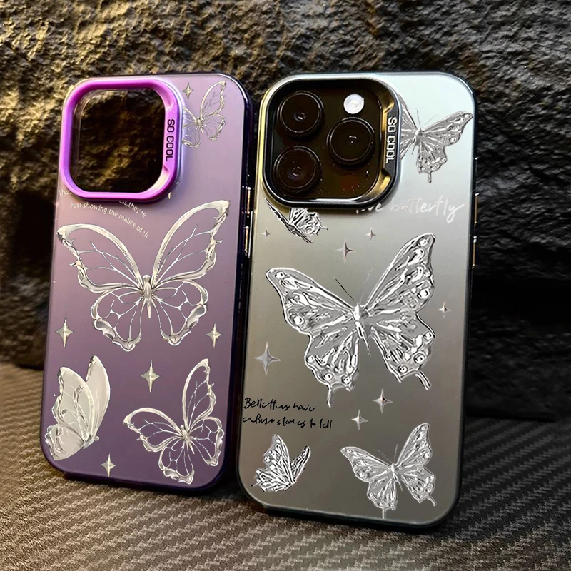 Funda de teléfono mate con mariposa dorada y plateada láser de lujo para iPhone 16 15 14 Pro Max 13 12 11 XS X XR 7 8 16 Plus SE 2020 2022