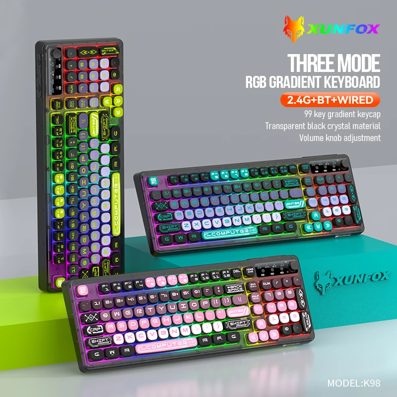 XUNSVFOX K98 teclado inalámbrico Bluetooth para juegos 99 teclas gradiente teclas tres modos RGB efecto de iluminación e-sports juego Oficina