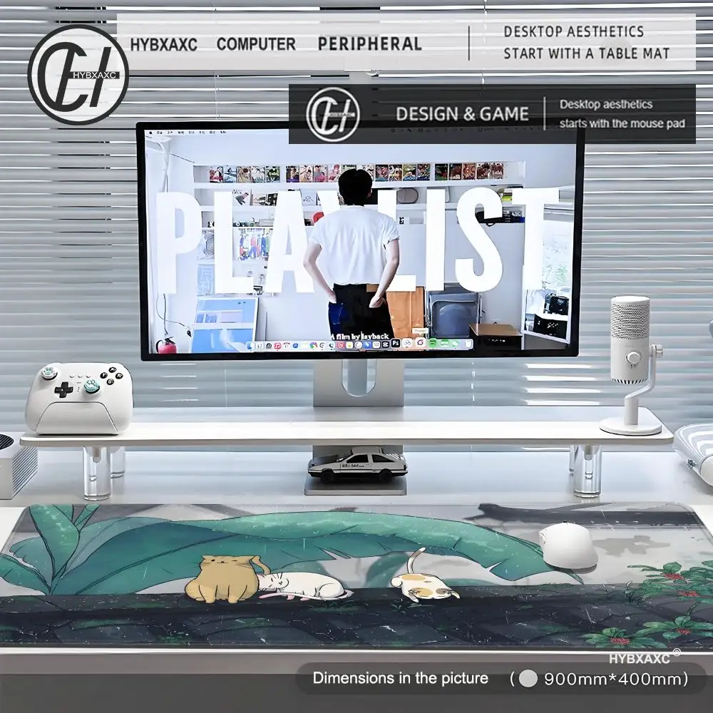 Alfombrilla de ratón para juegos Lofi Cat Green Plant, accesorios para PC, alfombrillas de goma antideslizantes impermeables para teclado, alfombrillas para oficina, portátil, escritorio en casa - imagen 3