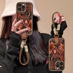 Cool patrón de flores de leopardo Wrsit Strap funda de teléfono para iPhone 17 16 15 14 13 12 11 Pro Max 16E XS X XR 7 8 Plus cubierta a prueba de golpes