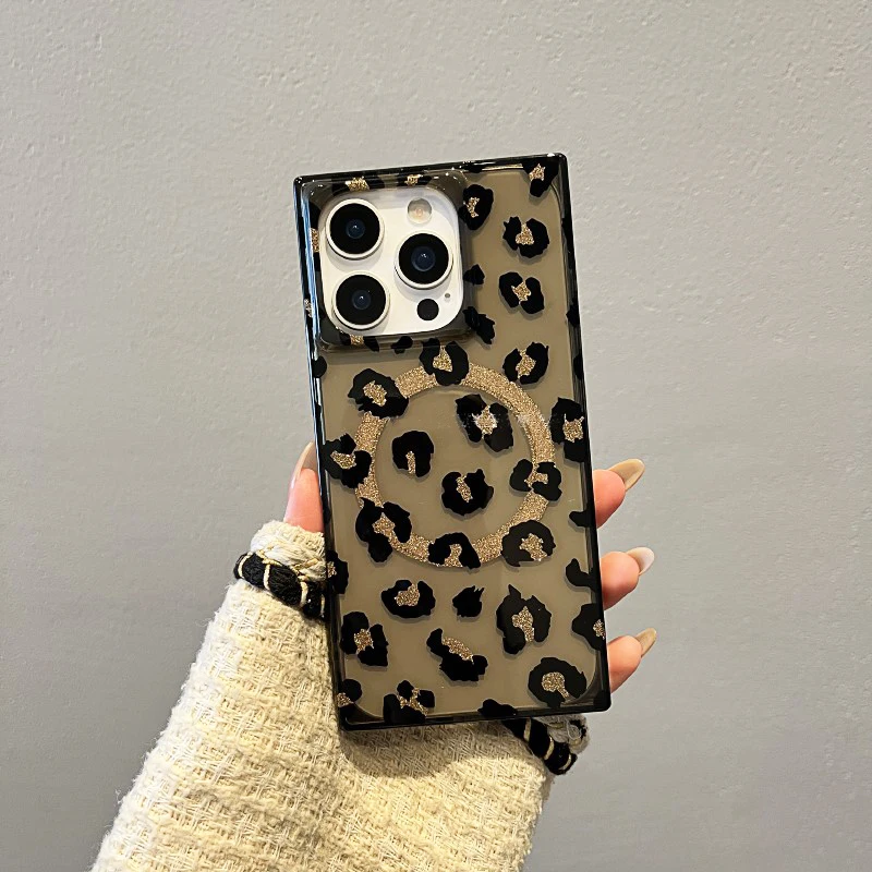 Elegante rectángulo borde leopardo magnético carga inalámbrica teléfono caso para iPhone 17 16 15 14 13 12 Pro Max duro TPU contraportada - imagen 5