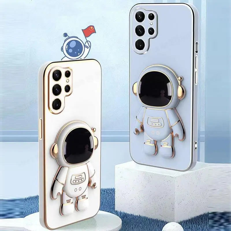 Funda de silicona Ultra suave para teléfono Samsung S23 Ultra 3D con dibujos de astronauta y soporte chapado para Galaxy S21FE S21 S20 Plus S20 - imagen 3