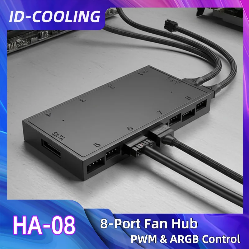 ID-COOLING 1 a 8 PWM y ARGB Hub Splitter 4 pines PWM 3 pines adaptador ARGB direccionable concentrador de interfaz SATA para ventilador con cubierta