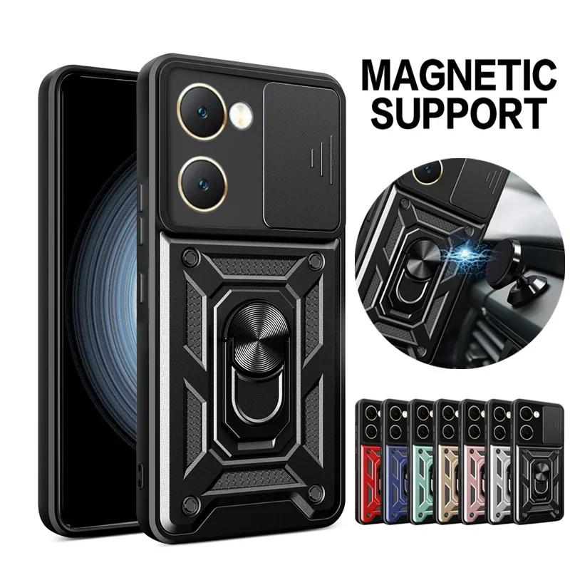 Para Vivo Y03 4G Funda lente deslizante protección de cámara Capa trasera para Vivo Y03 4G Y 03 VivoY03 cubierta soporte de anillo magnético Armadura Funda