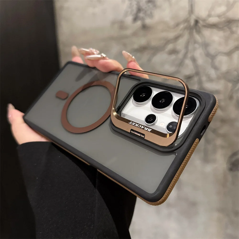 Para Magsafe armadura antideslizante soporte de lente funda de teléfono para Samsung S25 S24 FE S23 Plus S22 Ultra carga inalámbrica cubierta transparente negra - imagen 2