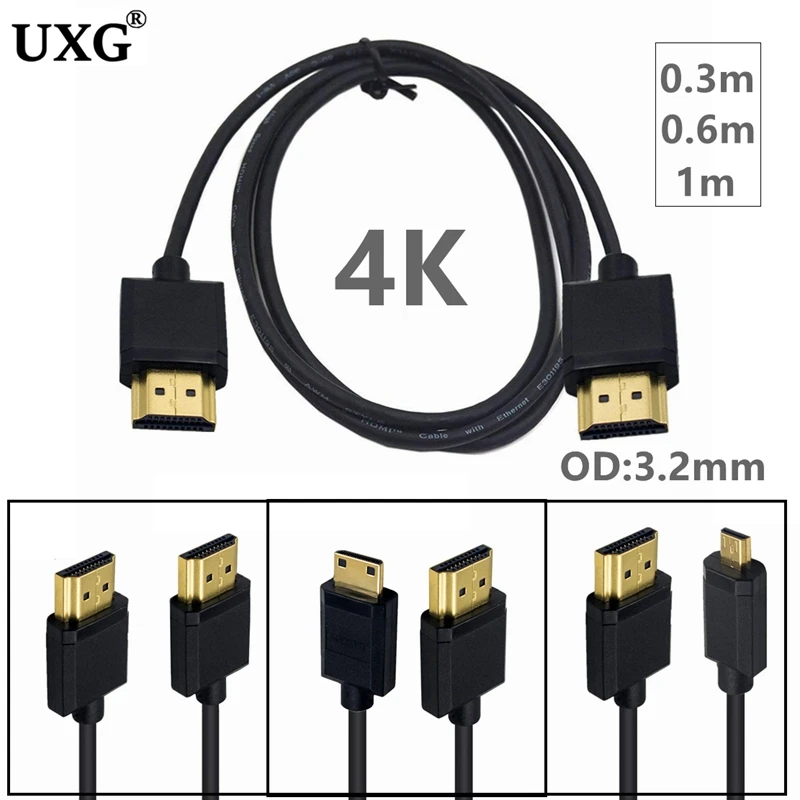 OD 3,0mm Super suave Micro HDMI compatible y Mini HDMI a hdmi Cable macho fino 2k 4k HDMI @ 60hz ligero portátil - imagen 2