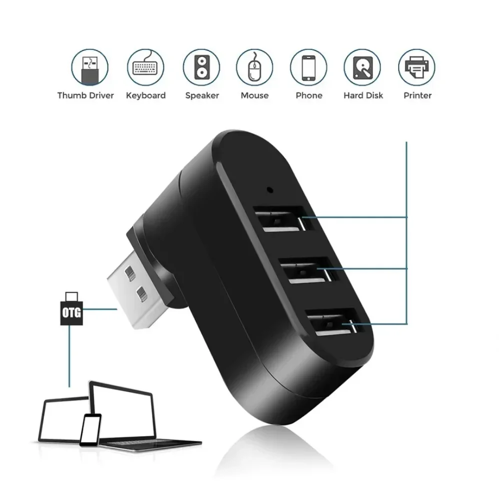 PzzPss USB Hub 2,0 adaptador giratorio de alta velocidad U lector de disco divisor 3 puertos USB 2,0 para ordenador PC portátil Mac Mini Accesorios - imagen 3