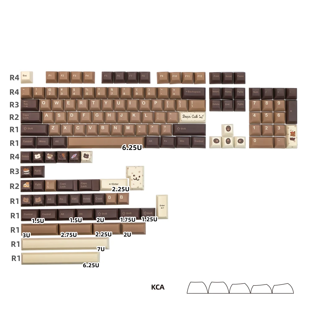Teclas PBT Little Bear, 140 teclas, perfil KCA, subcama de tinte, entrada ISO, teclas personalizadas para teclado mecánico para jugar con interruptor cruzado