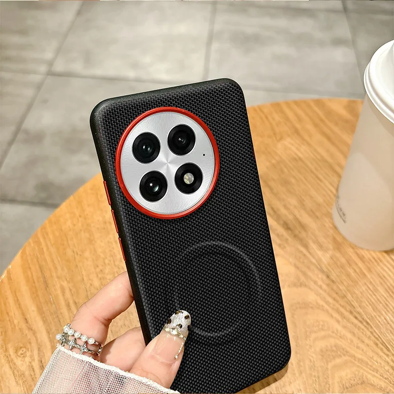 Para OnePlus 13 funda magnética ELVEV antihuellas anticaída dura PC tejido PU funda de teléfono de succión de cuero - imagen 2