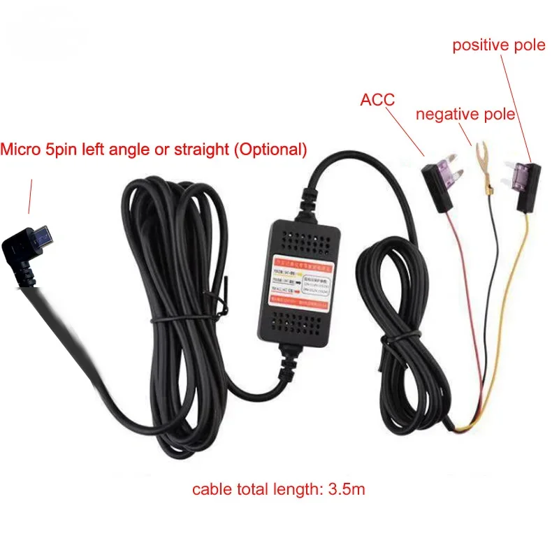 Cámara de salpicadero para coche, CC de 12V/24V a 5V, 3A, Micro 5 pines, carga de cámara automática, línea Buck, transmisión de medios, grabadora de conducción, Cable reductor ACC - imagen 2