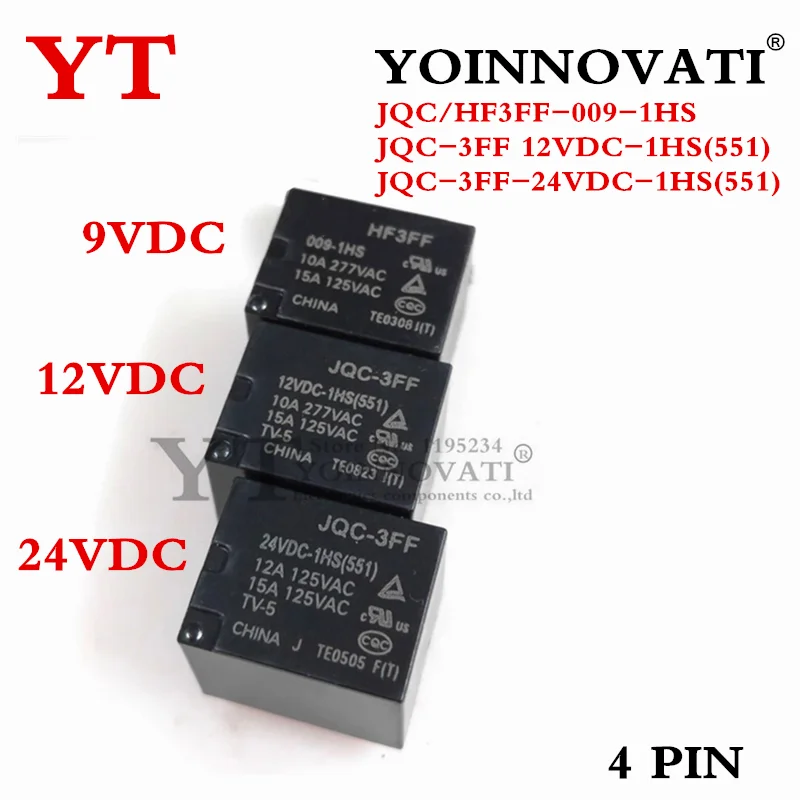 5 uds nuevos relés originales JQC/HF3FF-009-1HS JQC-3FF-12VDC JQC-3FF-24VDC 10A 9V 12V 24V 4 pines
