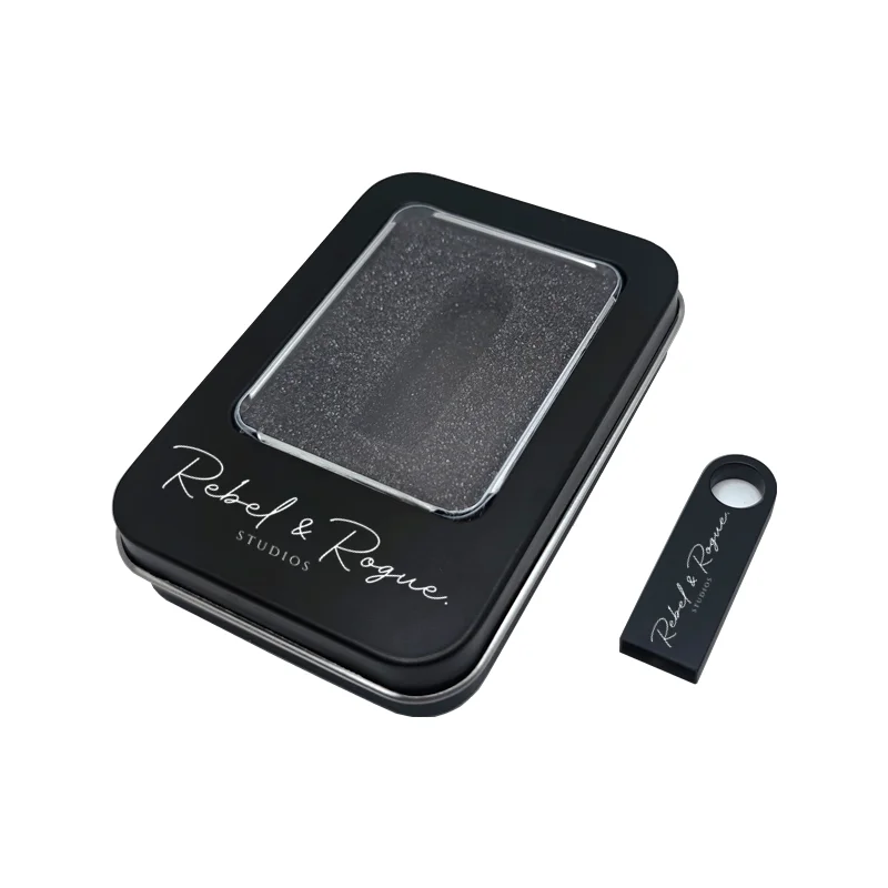 MINI unidad Flash USB 2,0 de Metal negro mate con logotipo de estudio personalizado, 16GB, 32GB, 64GB, 128GB, caja de Metal transparente, 50 unidades por lote - imagen 4