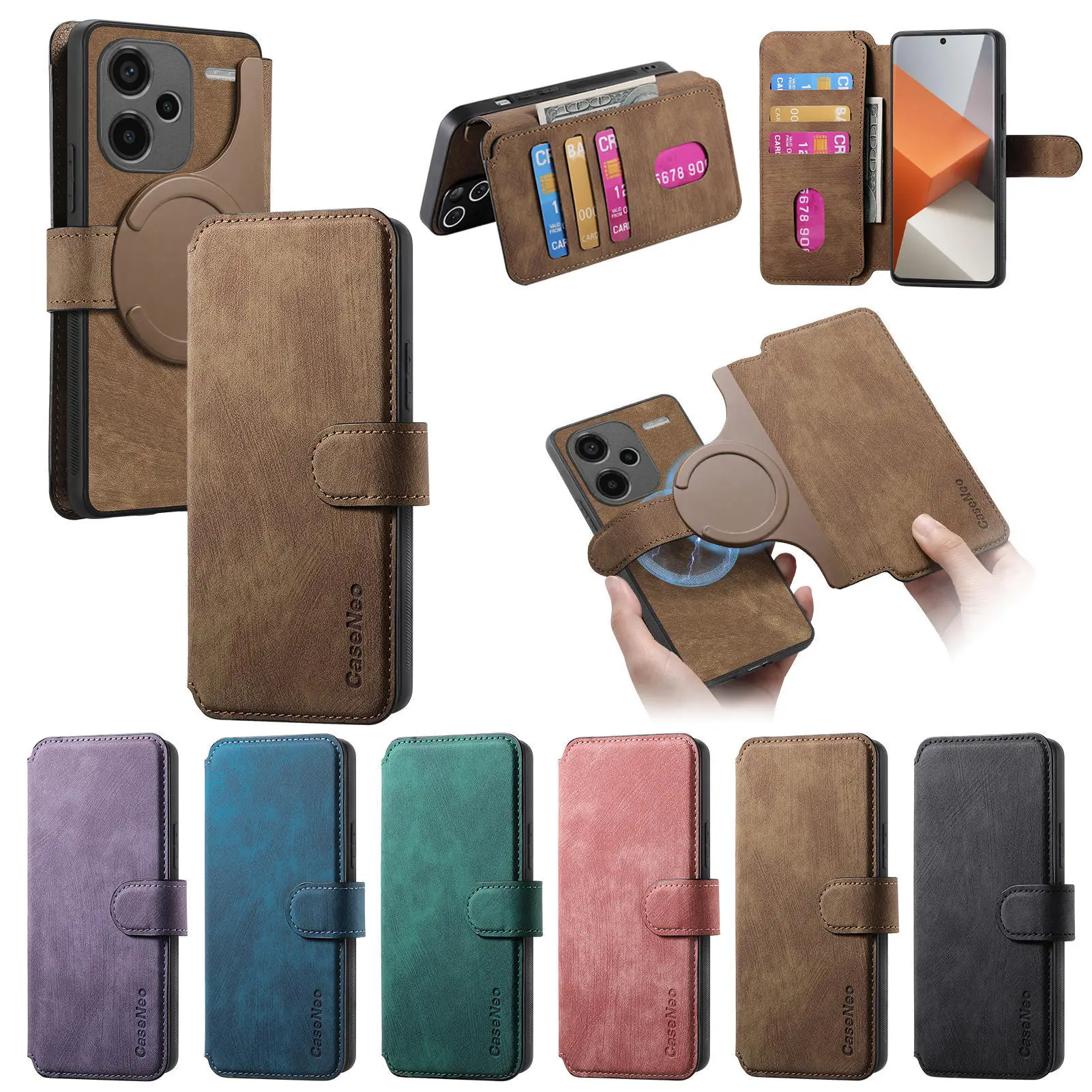 Funda de cuero tipo billetera Solt con tarjetas magnéticas desmontables 2 en 1 para Redmi Note 13 Pro Plus 12 13C 13T 11, funda de carga inalámbrica con tapa - imagen 2