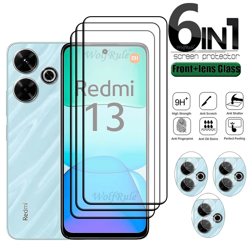 6 en 1 para Redmi 13 vidrio Xiaomi Redmi 13 Redmi13 vidrio templado 9H HD cubierta completa pegamento Protector de pantalla para Redmi 13 lente de vidrio - imagen 2
