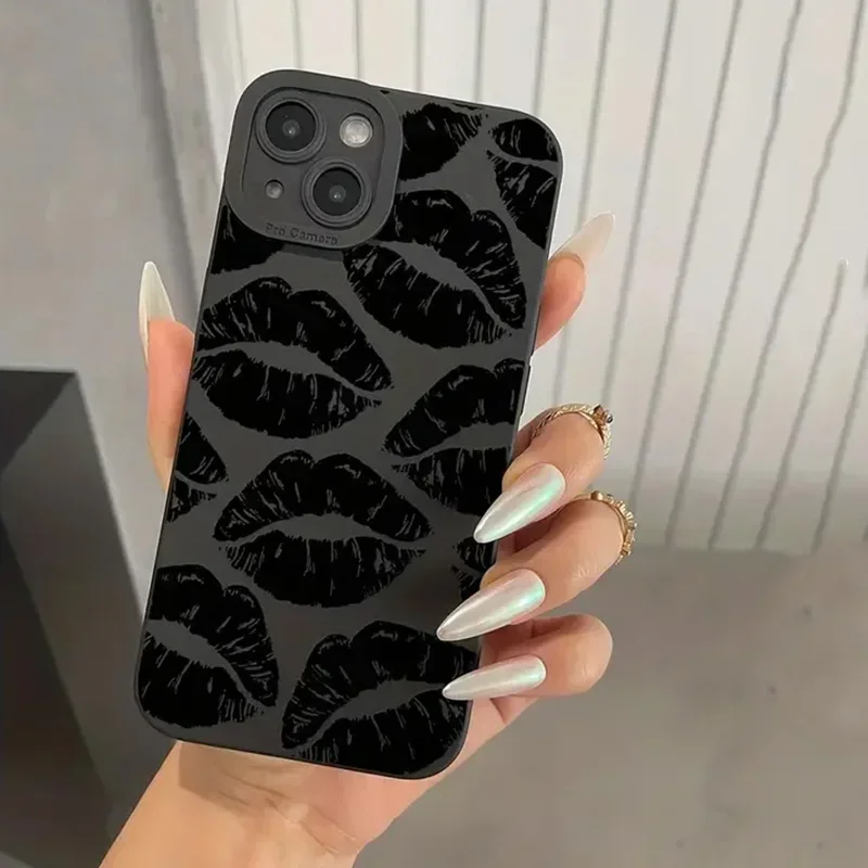 Funda de teléfono de silicona con labio negro de estilo gótico para iPhone 16 15 14 Pro Max 13 12 11 XS X XR 7 8 Plus 16 cubierta de parachoques suave a prueba de golpes