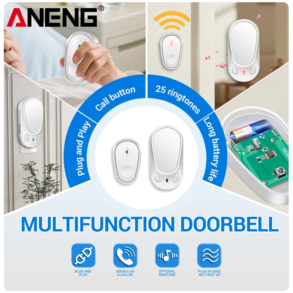 Timbre inalámbrico inteligente, enchufe remoto de EE. UU., recepción de alto volumen, 4 volúmenes, timbre ajustable, alarma de seguridad, herramientas de recepción de puerta de llamada