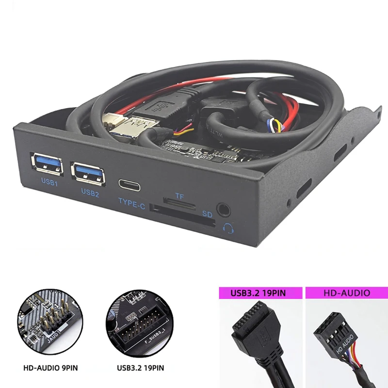 HUB de panel frontal USB 5Gbps 2 x USB3.0 + 1 x TYPE-C + TF/SD + AUDIO HD Adaptador de micrófono con conector para auriculares de 3,5 mm para escritorio Bahía de disquete de 3,5"