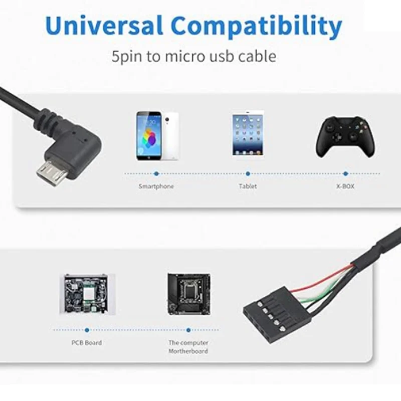 50cm Micro USB macho a conector USB hembra de 5 pines cable de placa base PCB DuPont 2,54 5 pines a 90 grados cable deflector Micro USB