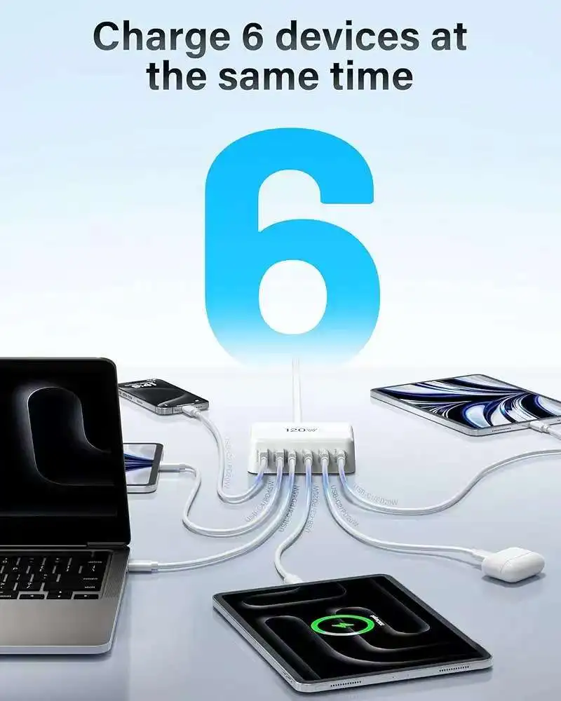 Estación de carga móvil GaN de 120W, cargador de pared USB C de 6 puertos para adaptador de corriente de 45w/20W, adecuado para cargar teléfonos móviles - imagen 4