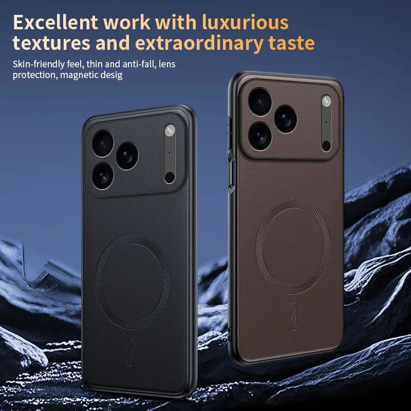Funda de cuero de alta calidad con textura de lujo para iPhone 17 Air 16 E 15 14 Plus 13 Pro Max para cubierta de lente magnética de agujero fino Magsafe - imagen 4