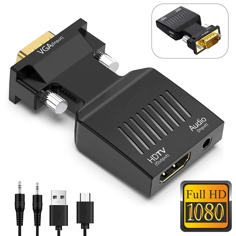 Convertidor adaptador compatible con VGA a HDMI, 1080P, con Cable de Audio de 3,5mm para PC, portátil, proyector HDTV, convertidor de Audio y vídeo
