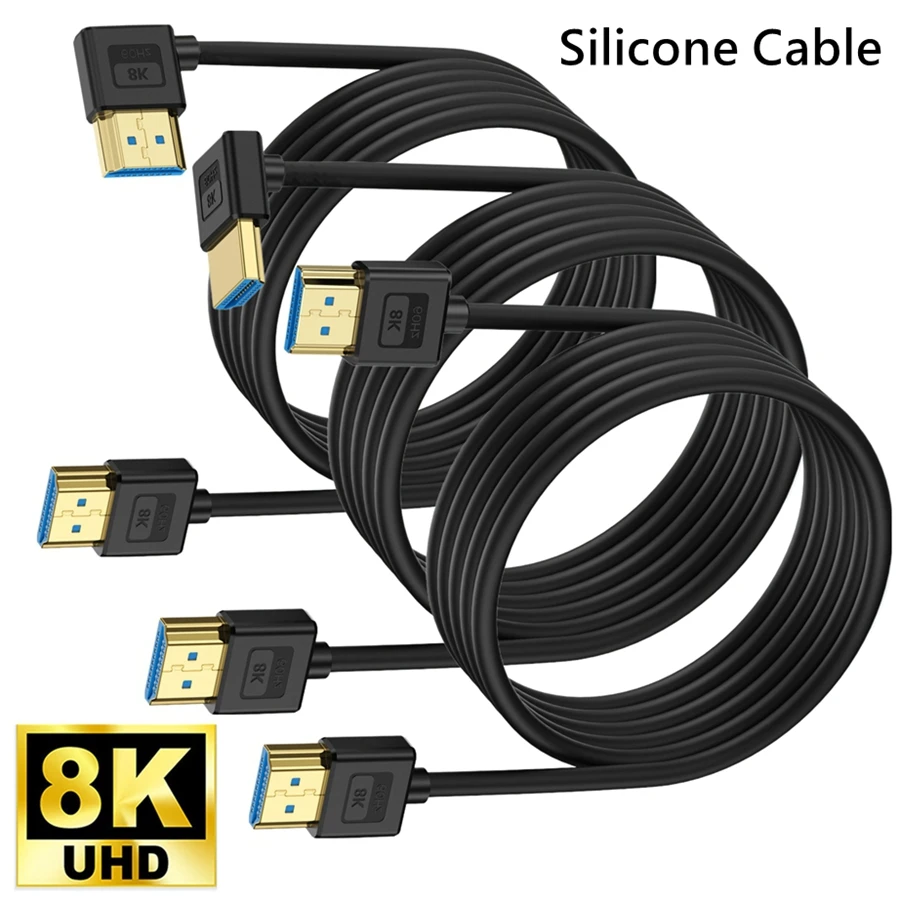 Cable de codo de silicona HDMI Micro Mini Compatible con HDMI 2,1 V Cable fino Flexible compatible con resolución de 16K 60Hz 8K 60Hz 4K 240HZ 5K