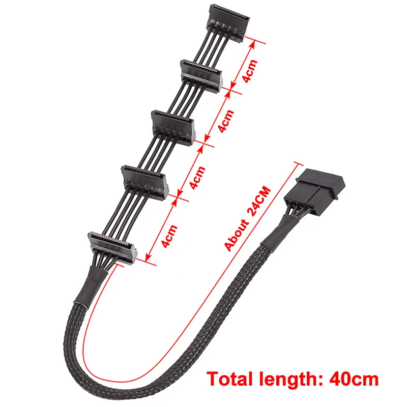 Servidor de PC duradero y práctico de alta calidad Molex 4 pines IDE 1 a 5 SATA 15 pines Cable adaptador Cables divisores 18AWG negro 40cm - imagen 2