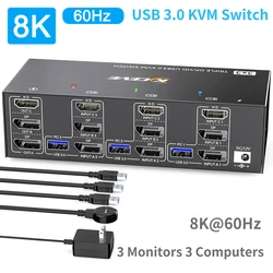 KVM Switch para 3 Monitores USB 3.0 8K 60Hz / 4K 144Hz