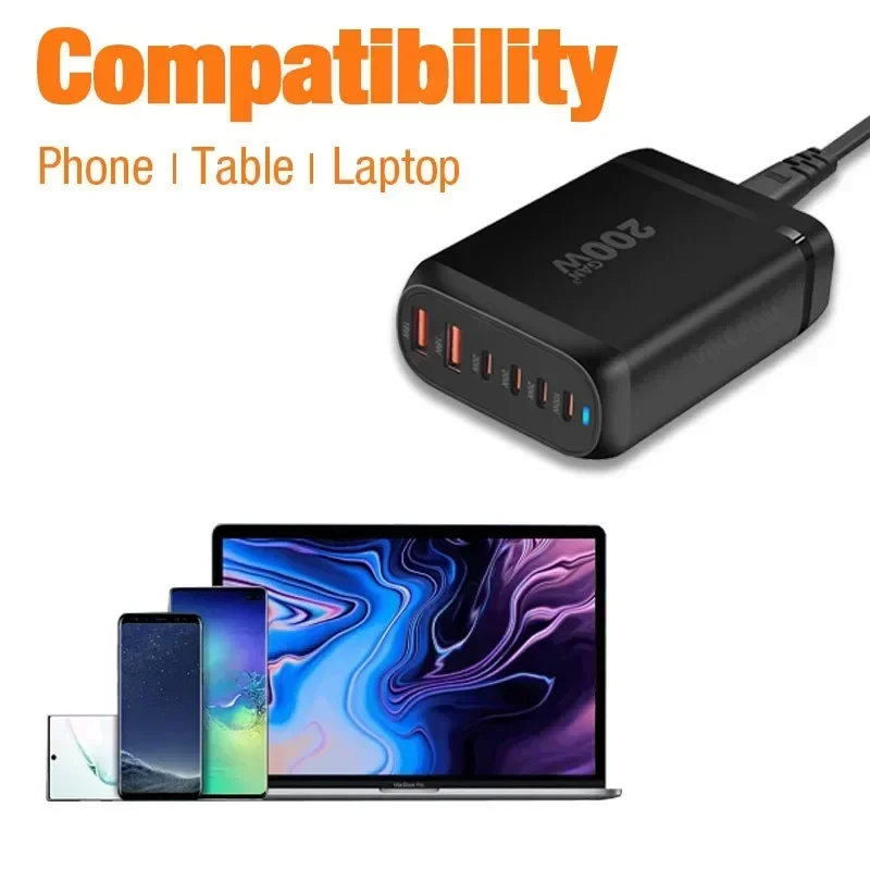 GaN 6 puertos USB tipo C PD 200W cargadores de teléfono de escritorio QC3.0 para teléfono inteligente portátil tableta 18W USB100W PD carga rápida - imagen 3