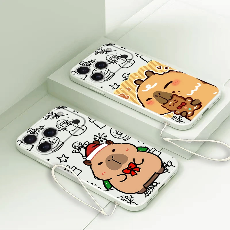 Funda blanda para Apple iPhone 11 12 13 Pro Max 16 14 15 Plus XS 17 Air 16e XR 7 8 lindo capibara navideño - imagen 3
