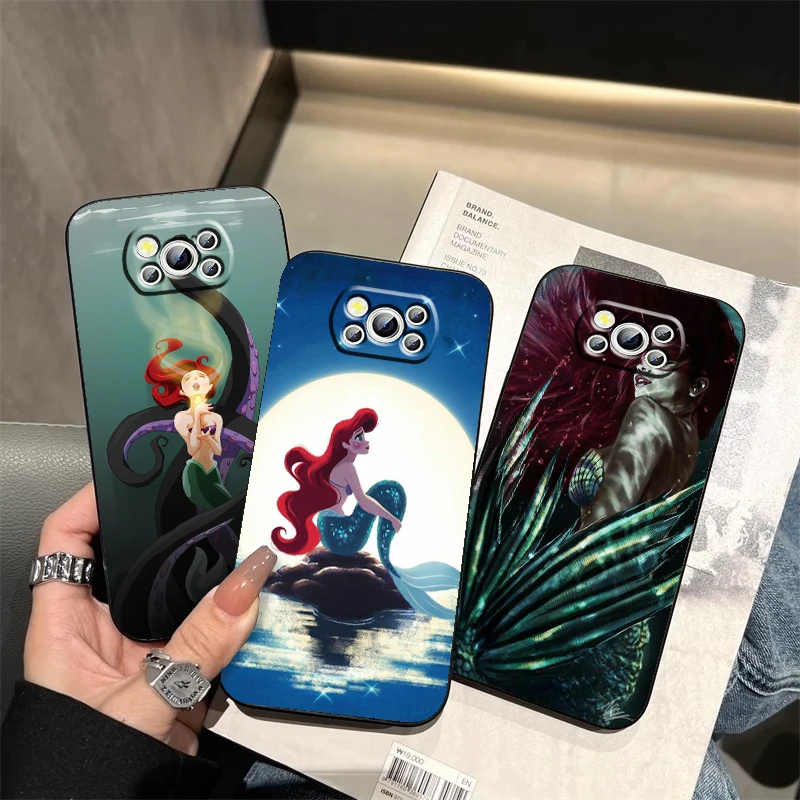 Disney-funda de móvil de la Sirenita Ariel, carcasa trasera negra para Xiaomi Mi Poco F5 F4 F3 X6 X5 X4 X3 M6 M5S M4 M3 C65 Pro GT NFC 5G