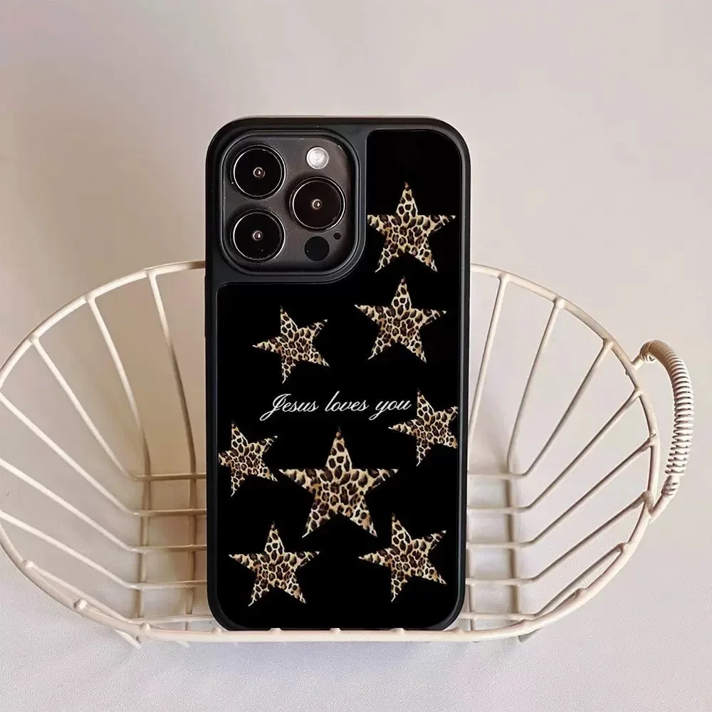 Ins-funda de teléfono epoxi con borde negro y estrellas con estampado de leopardo, funda de teléfono anticaída de TPU para iPhone XR/11/12/13/14/15/16/17 Pro Max