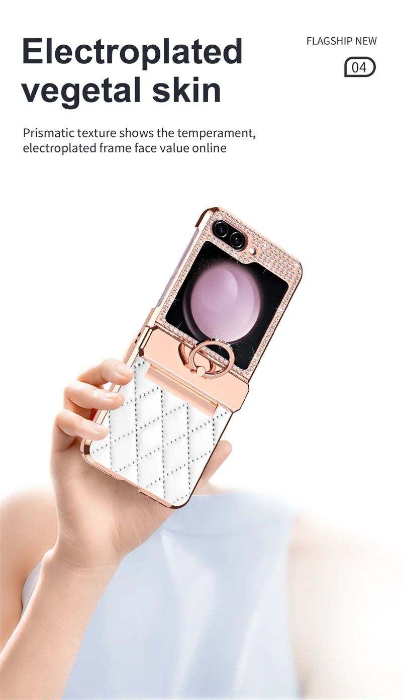 Funda de teléfono con bisagra de diamante brillante chapado en cuero PU para Samsung Galaxy Z Flip 7 6 5 4 3 5G cubierta protectora de anillo a prueba de golpes - imagen 4