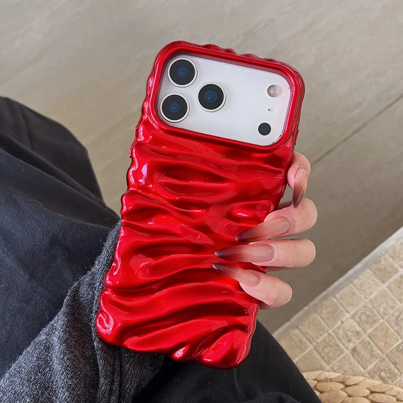 Popular de lujo rojo brillante lindo 3D crema Irregular pliegues funda de teléfono para iPhone 17 Air 16 Pro Max 13 15 14 Plus - imagen 2