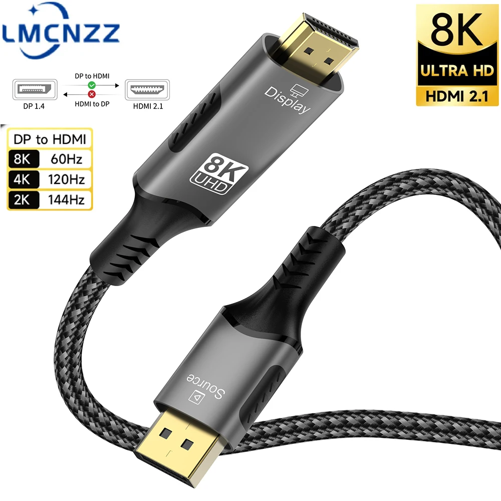 Convertidor 2,1 Compatible con DisplayPort a HDMI, Cable DP1.4 a HDMI 8K @ 60Hz 4K @ 120Hz HDR para escritorio, portátil, PC, TV, Monitor, proyector - imagen 2