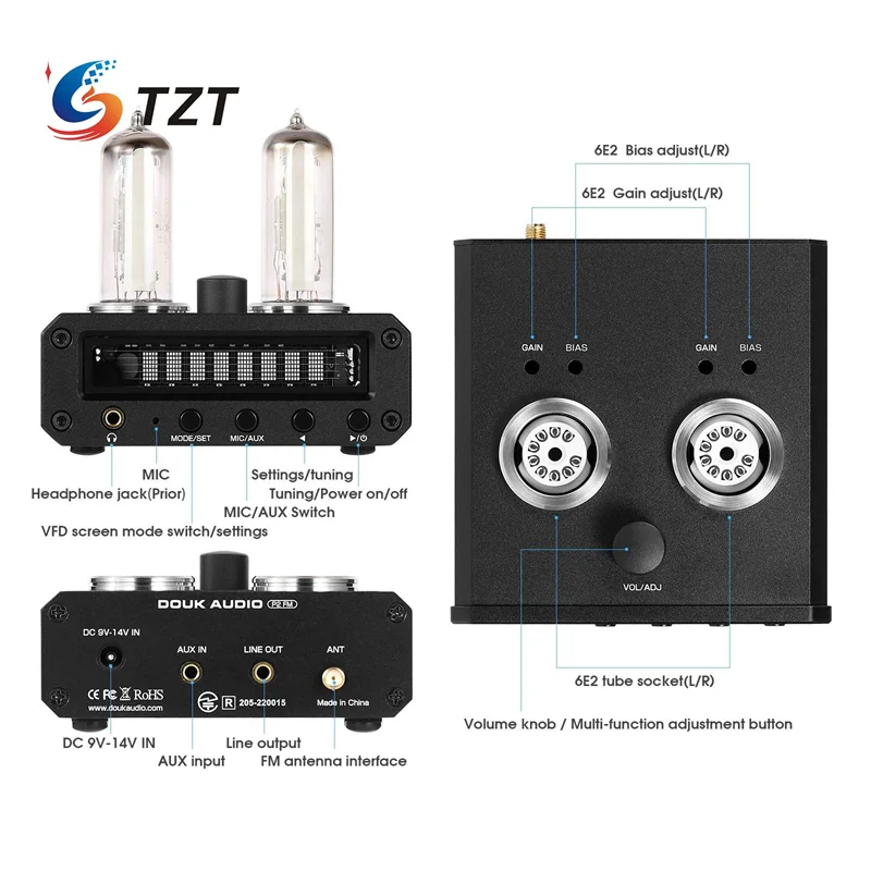 Amplificador de auriculares TZT P2-FM 6E2 medidor de nivel de tubo electrónico Si4730 receptor de Radio FM + reloj VFD - imagen 2