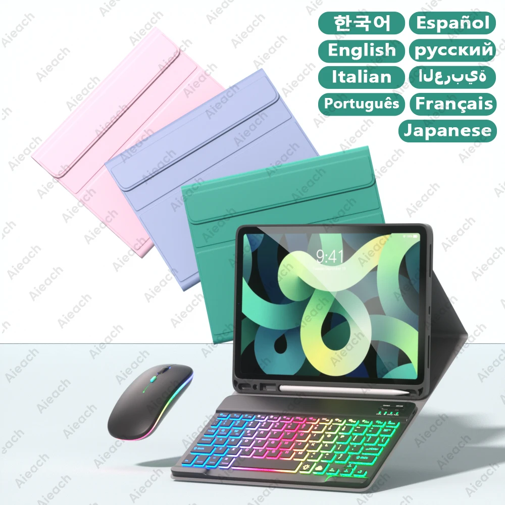 AIEACH Funda para iPad con teclado para Pro 13 M4, 12,9 3-6, 11 1-4th, Air 13/11 M2/M3, Air(4-5th), iPad 7-10th, portalápices retroiluminado - imagen 2