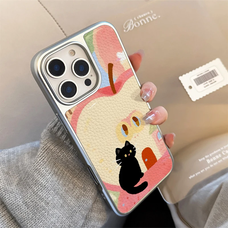 Funda de teléfono con textura de cuero con patrón de gato Apple para iPhone11/12/13/14/15/16/60 Pro Max AIR PLUS - imagen 2