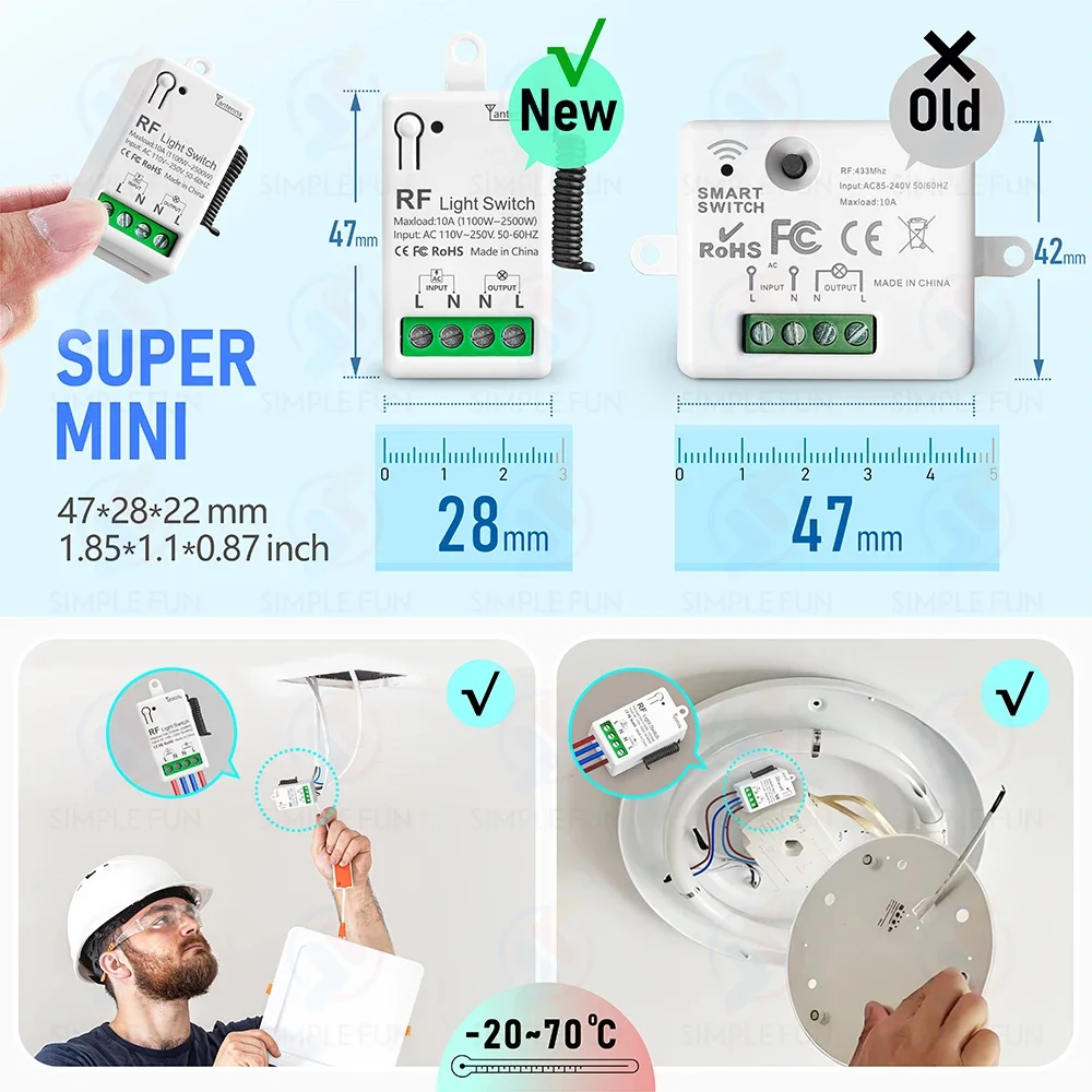 Interruptor de luz con Control remoto inalámbrico, 433Mhz, 220V, 230V, 110V, 10A, módulo de relé de tamaño Mini para Control remoto, lámpara LED para el hogar, ventilador - imagen 3