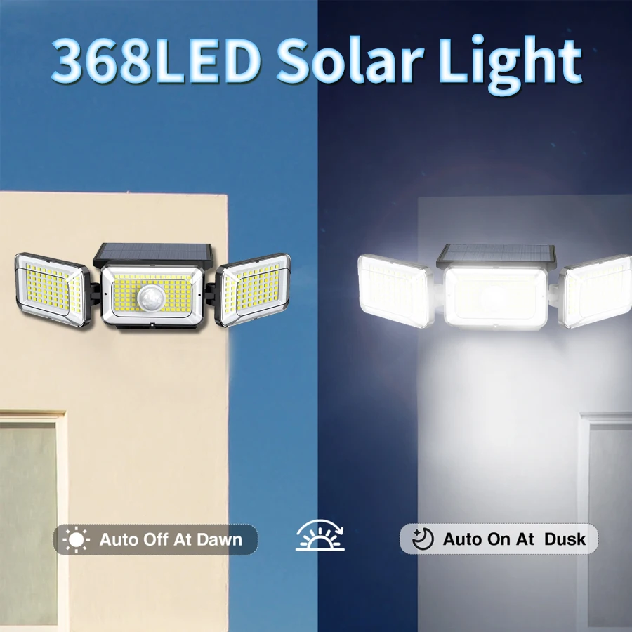 Luz Solar LED 368, lámpara de calle Solar para exteriores de 3 cabezales con cabezal de iluminación ajustable de 3 modos para valla de jardín de garaje