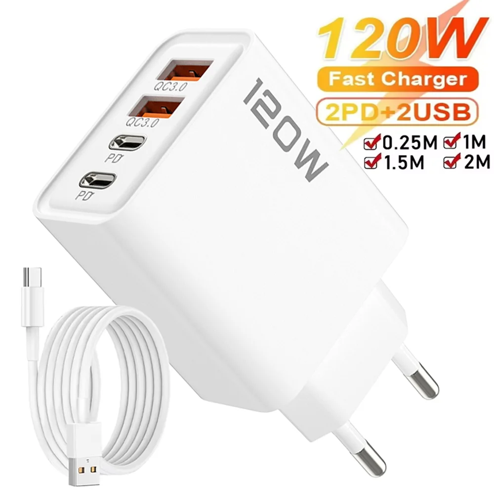 Cargador rápido USB 3,0 Muti Total 120W 4 puertos USB tipo C PD adaptador de corriente de pared para teléfono móvil para iPhone Samsung Xiaomi