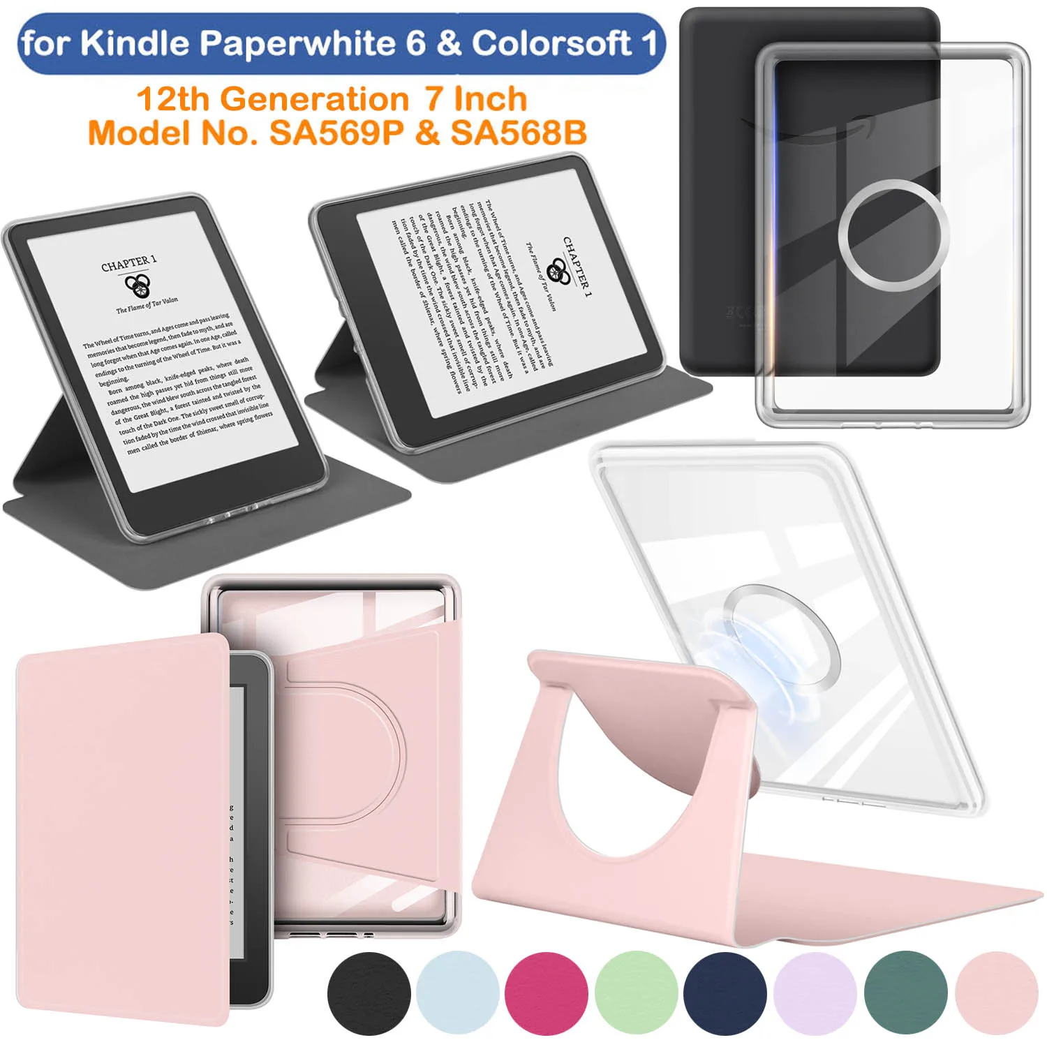 Funda para Kindle Paperwhite Colorsoft 2024 12.a generación 7" 360 °   Soporte desmontable magnético acrílico de rotación SA569P SA568B