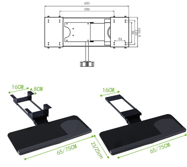 Soporte de montaje de placa de teclado ergonómico debajo del escritorio DL-DA4 con bandeja para alfombrilla de ratón, soporte de altura ajustable, rotación de inclinación - imagen 4