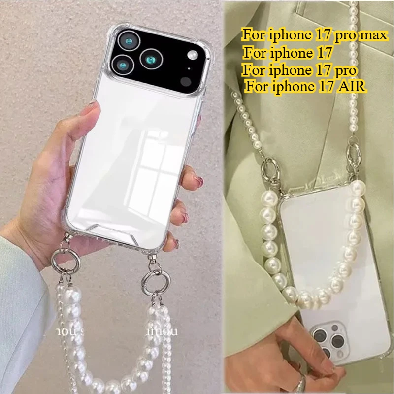 Para Iphone 17 Pro Max bandolera cadena de perlas cordón Airbag funda para Iphone 17 Air 17Pro collar a prueba de golpes cadena funda de silicona