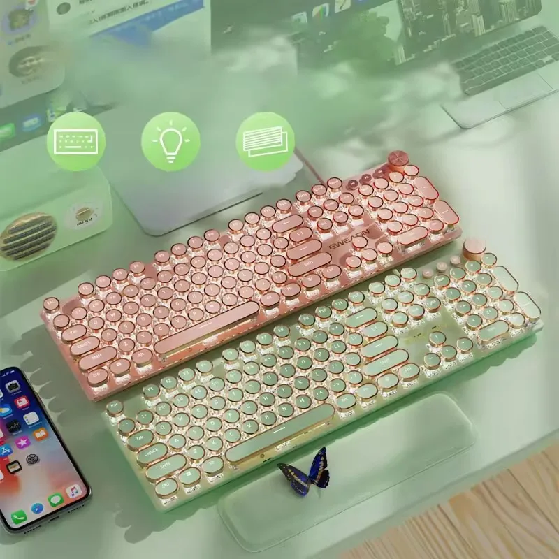 EWEADN-Teclado mecánico V20, máquina de escribir Retro Punk, inalámbrico, tres modelos, 104 teclas, teclas redondas, retroiluminado blanco, ordenador de oficina silencioso - imagen 5